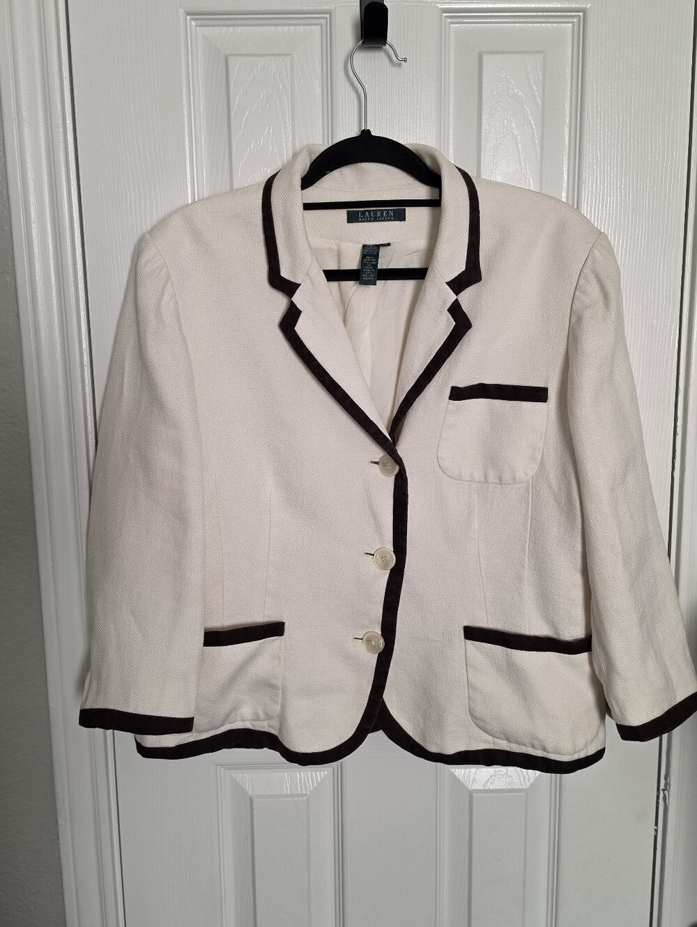 Lauren Ralph Lauren Ivory Cream Blazer Jacket Brown Trim Size 16